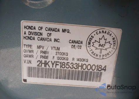 2003 Honda Pilot Ex-L from USA, damaged, VIN 2HKYF18533H000184